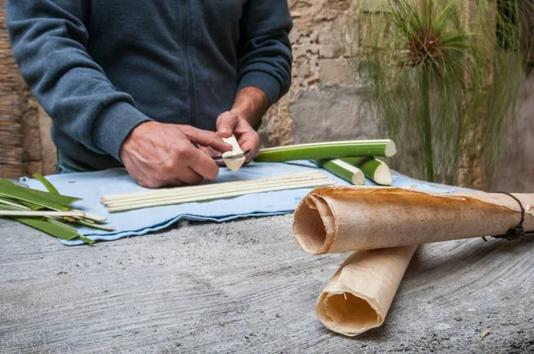 Nahaufnahme Von Aufgerollten Papyrusblättern Und Einem Papierhandwerker Bei Der Arbeit — Stockfoto