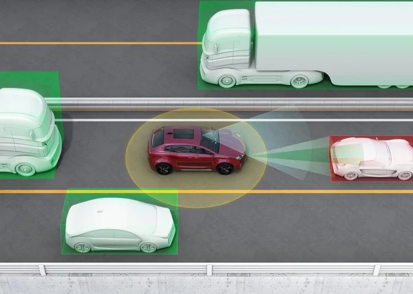 Az automatikus fékezés, lane tartás-függvényeket fogalom szemléltetése — Stock Fotó