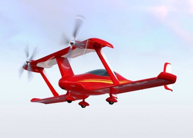 Red autonomous flying drone taxi in the sky clipart