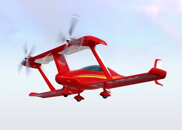 Red autonomous flying drone taxi in the sky