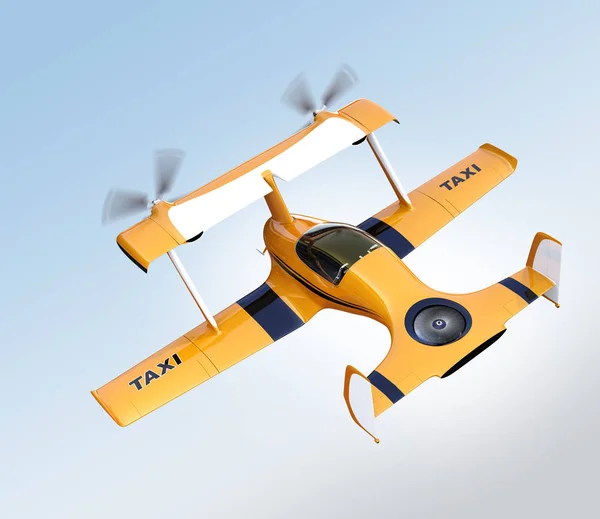 Yellow autonomous flying drone taxi flying in the sky