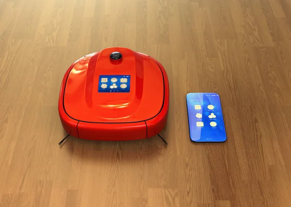 Red robotic vacuum cleaner and smartphone on the flooring — Stock Photo, Image