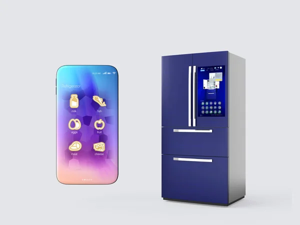 Refrigerador y smartphone aislados sobre fondo gris — Foto de Stock