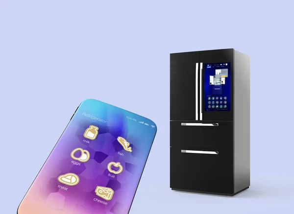 Refrigerador y smartphone aislados sobre fondo azul claro — Foto de Stock