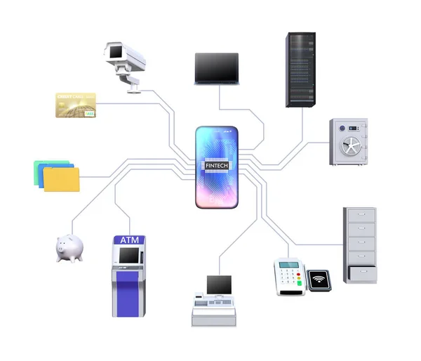 ATM, NFC, mobile payment devices connected by network — Stock Photo, Image