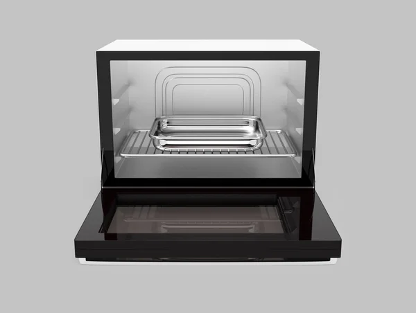 Vista frontale del forno a microonde aperto isolato su sfondo grigio — Foto Stock