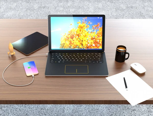 Smartphone, ordinateur portable, tablette numérique et tasse de tasse sur bureau en bois — Photo