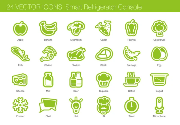 Conjunto de ícones de alimentos, bebidas e refrigerador inteligente —  Vetores de Stock