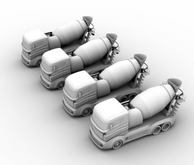 Kil beyaz zemin üzerine beton mikser kamyonları render