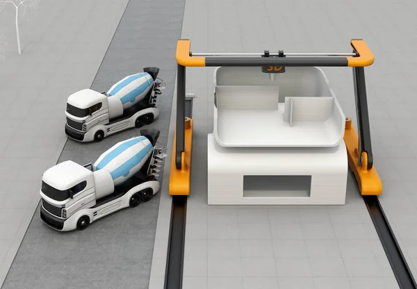 Бетонні мікшерні вантажівки та промисловий 3D принтер — стокове фото