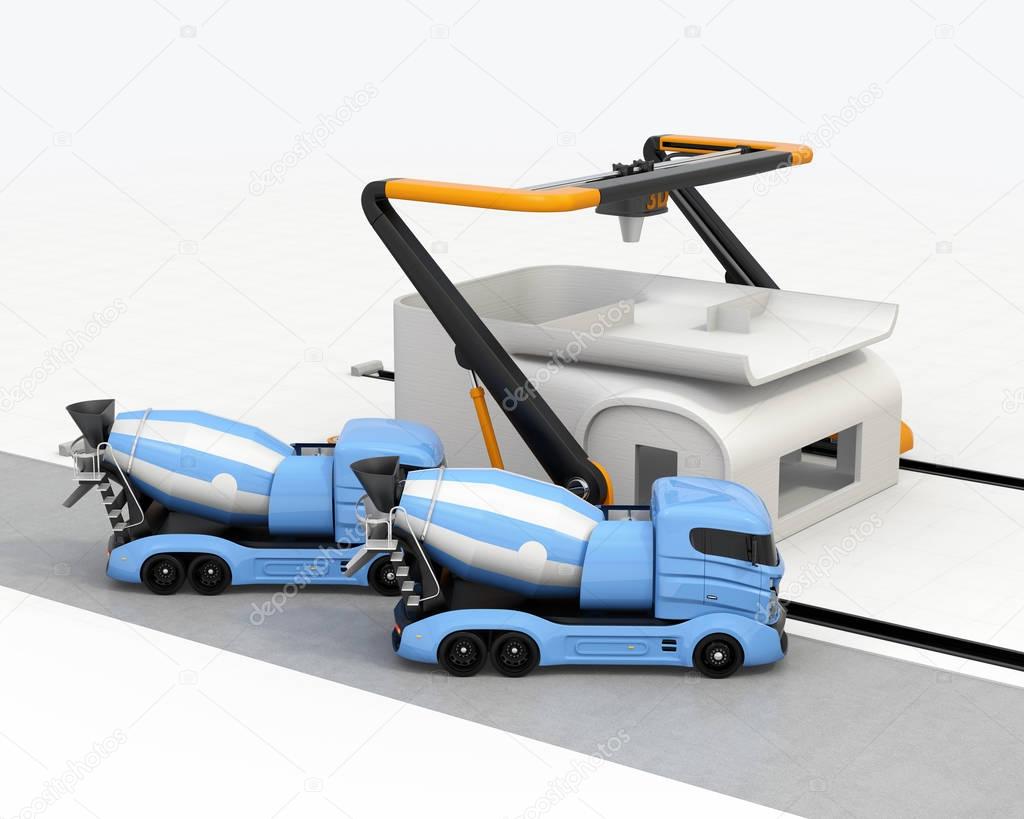 Concrete mixer trucks and industrial 3D printer