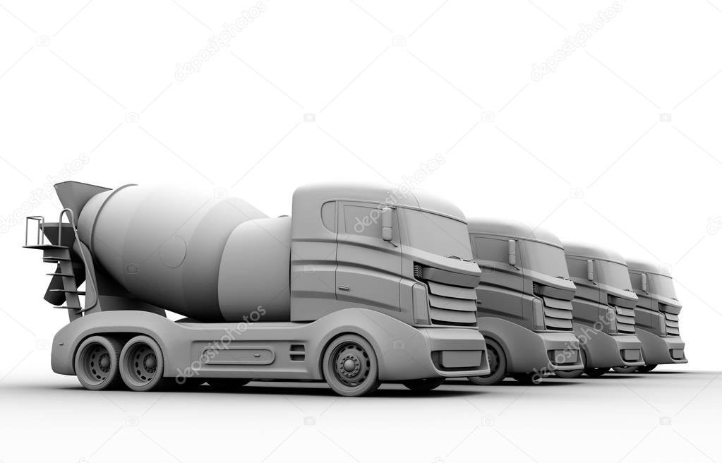 Clay rendering of concrete mixer trucks on white background