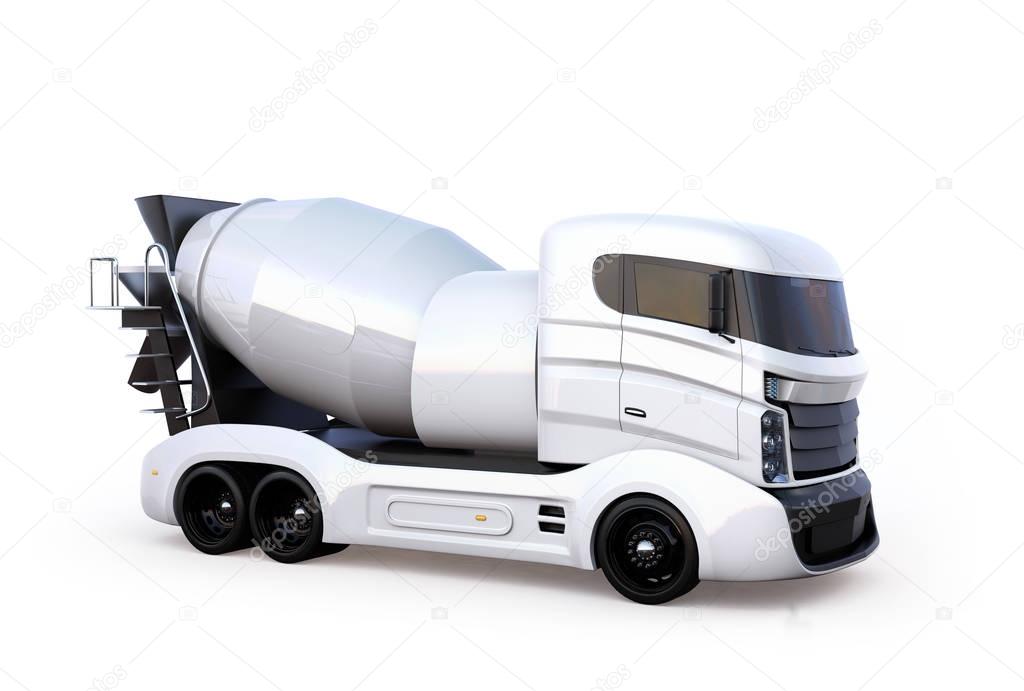 White concrete mixer truck isolated on white background