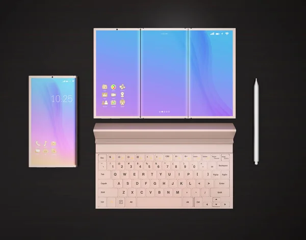 Telefone inteligente, tablet PC, teclado de caneta digital na mesa de madeira escura — Fotografia de Stock