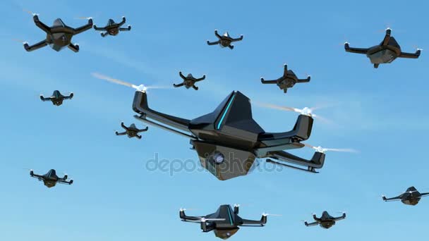 Sciame di droni di sicurezza con telecamera di sorveglianza che vola nel cielo — Video Stock