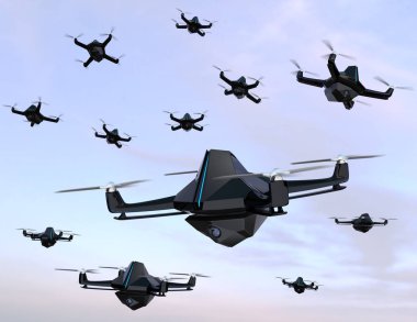 Gökyüzünde uçan güvenlik kamerası ile güvenlik dronlar sürüsü