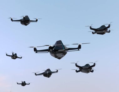Gökyüzünde uçan güvenlik kamerası ile güvenlik dronlar sürüsü