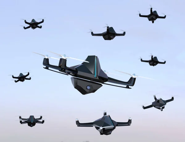 Sciame di droni di sicurezza con telecamera di sorveglianza che vola nel cielo — Foto Stock