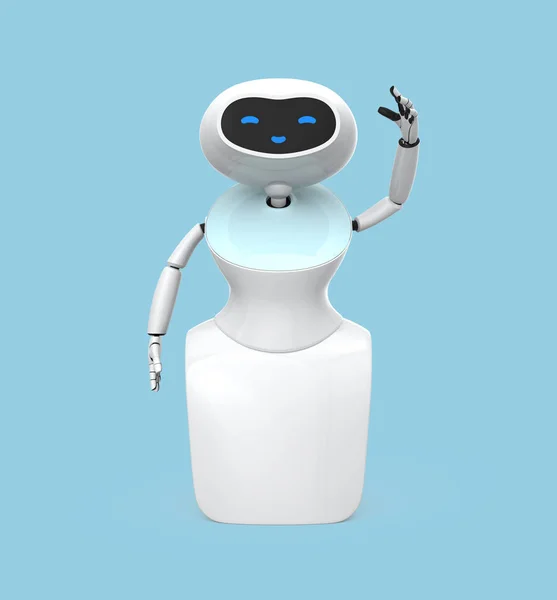 터치 스크린 밝은 파란색 배경에 고립 된 인간 형 로봇 — 스톡 사진