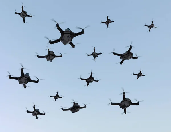 Swarm of security drones with surveillance camera flying in the sky