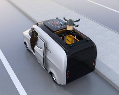 Karton Koli teslim etmek için van dan havalandığını bir dronun arkadan görünüş
