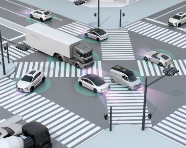 Kavşak pürüzsüz trafikte. Kavram avantaj özerk teknolojisi için