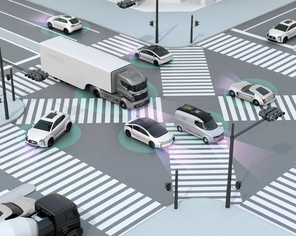 Reibungsloser Verkehr im Kreuzungsbereich. Konzept für vorteilhafte autonome Technologie — Stockfoto