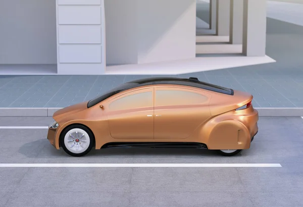 Golden autonomous car parking at the side of the road — Stock Photo, Image
