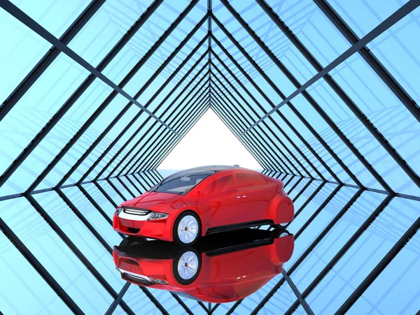 Voiture rouge métallique sur fond de forme triangulaire — Photo