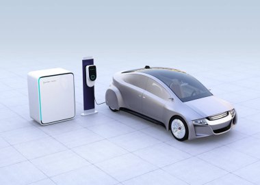 Elektrikli araç şarj istasyonu ve pil birimi degrade arka plan üzerinde