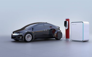 Elektrikli araç şarj istasyonu ve pil birimi, yan görünüm