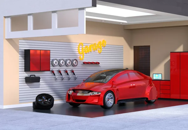 Röd bil i eleganta garage — Stockfoto