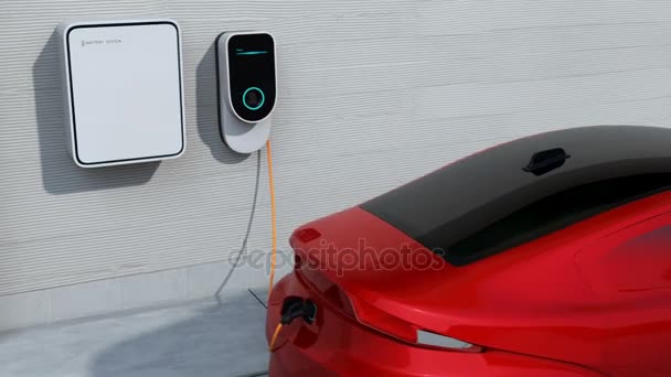 Chargement de voiture rouge dans la station de recharge EV à domicile — Video
