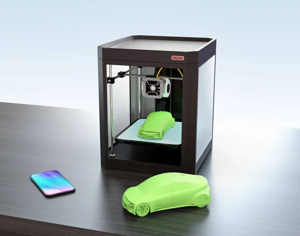 Impressora 3D, telefone inteligente e modelo 3D — Fotografia de Stock