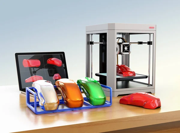 Imprimante 3D, ordinateur portable et échantillons de couleur de produit — Photo