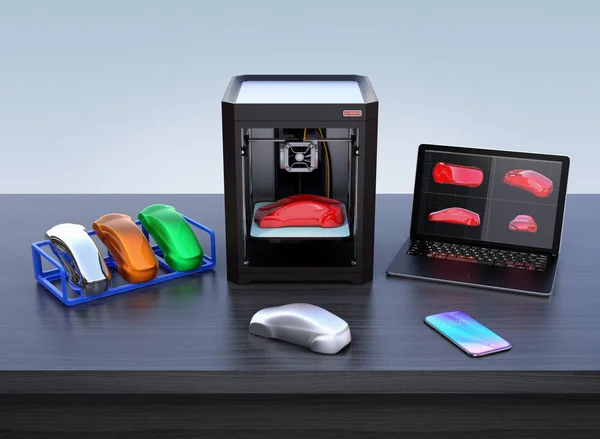 3D nyomtató, laptop és a termék színes minták — Stock Fotó