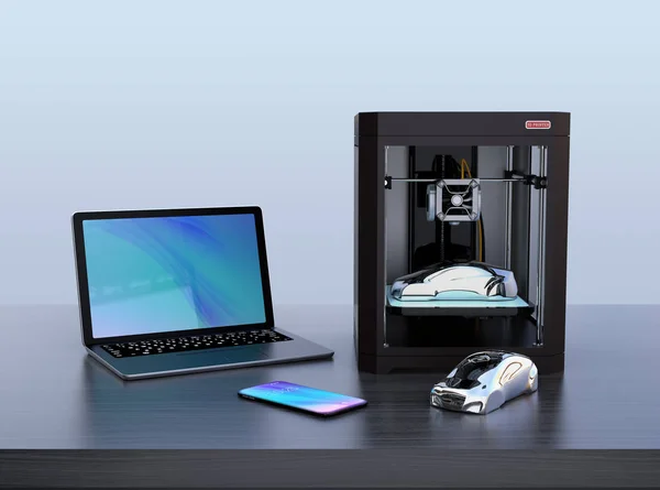 Impressora 3D, laptop PC e smartphone na mesa — Fotografia de Stock