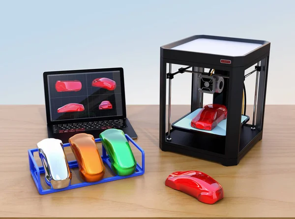 Imprimante 3D, ordinateur portable et échantillons de couleur de produit — Photo