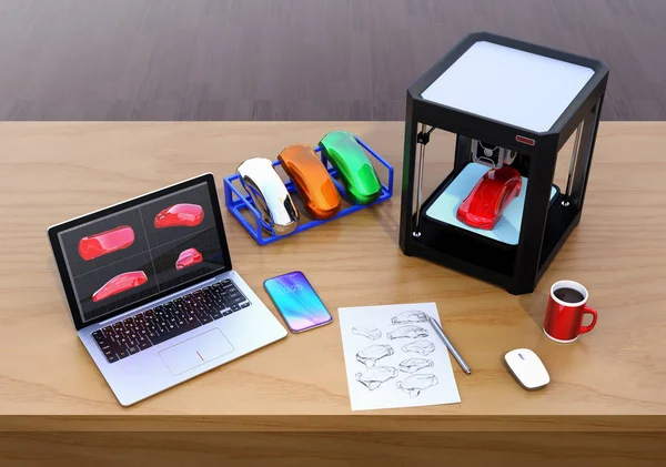 3D skrivare, laptop och produkt färg prover — Stockfoto