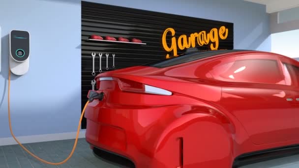 Röd elfordon laddning i residential garage — Stockvideo
