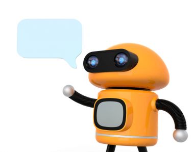 Beyaz arka plan üzerinde izole metin kabarcık ile şirin turuncu robot
