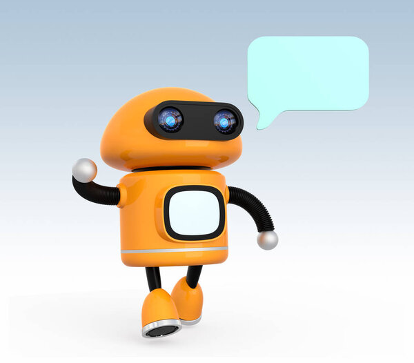 Симпатичный оранжевый робот с текстовым пузырём на голубом фоне
