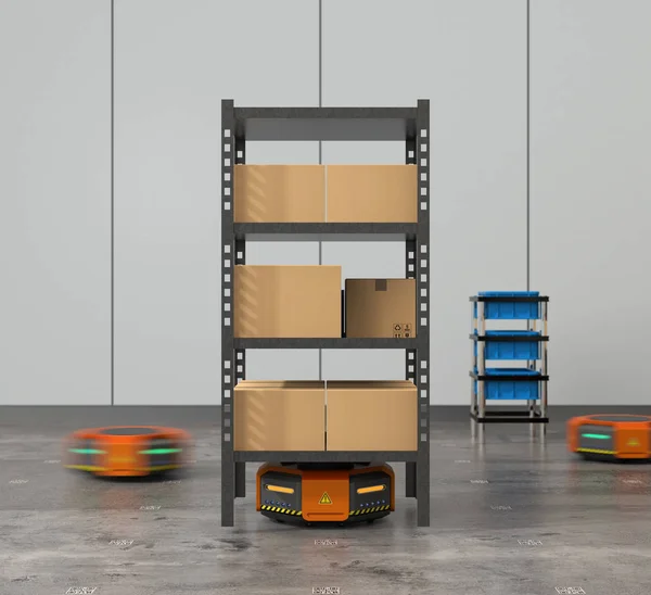 Оранжевые роботы с товарами на современном складе — стоковое фото