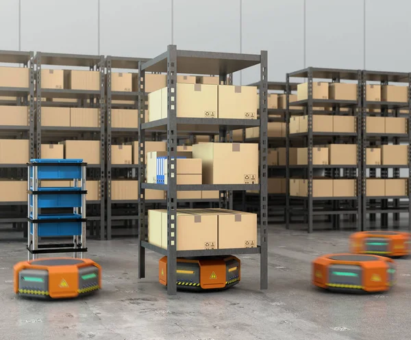 Orangefarbene Roboter tragen Paletten mit Waren in ein modernes Lager — Stockfoto