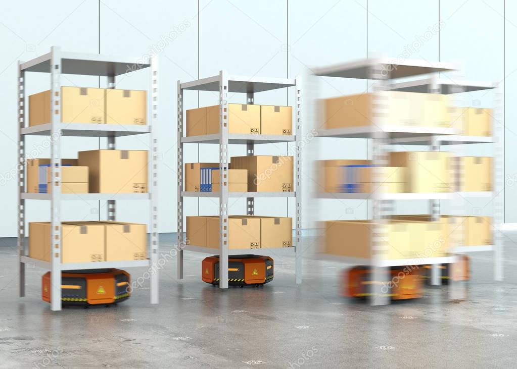 Orange robots carrying pallets with goods in modern warehouse