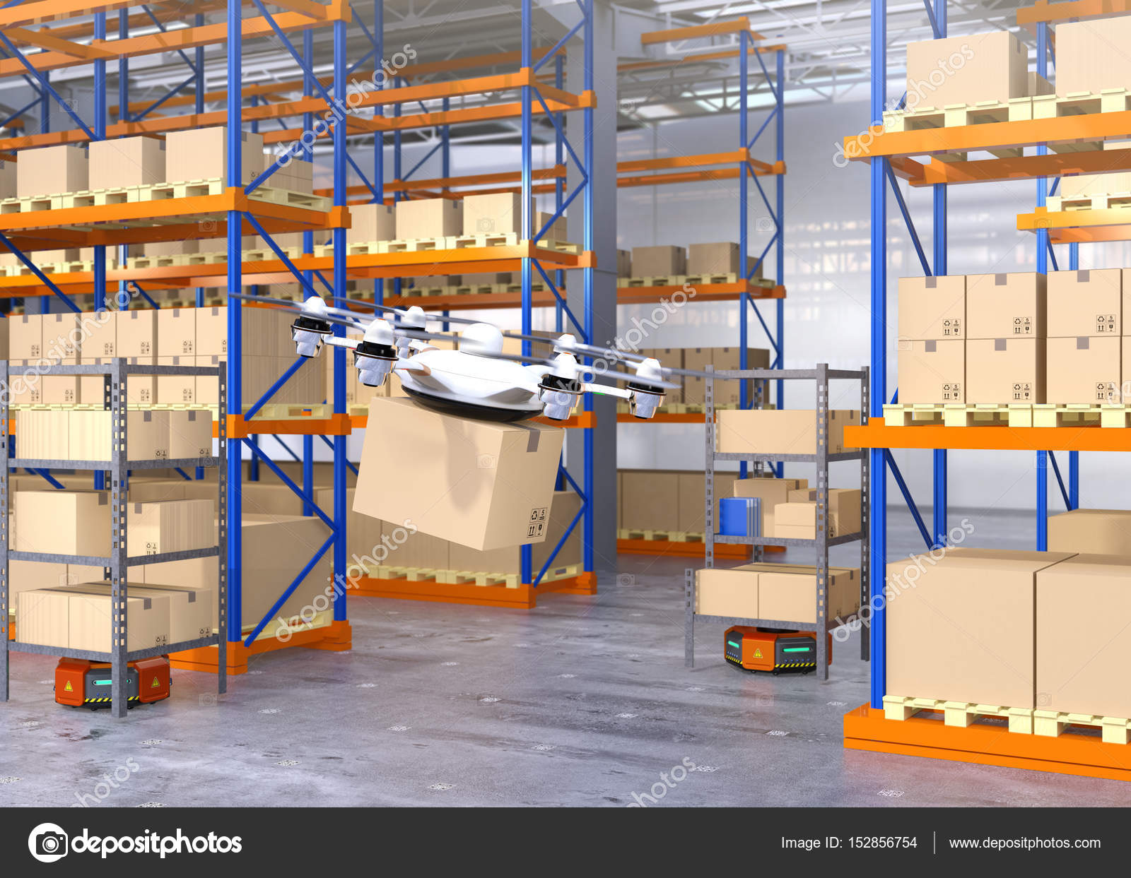 Robots de drones y naranjas en almacén moderno — Foto de stock