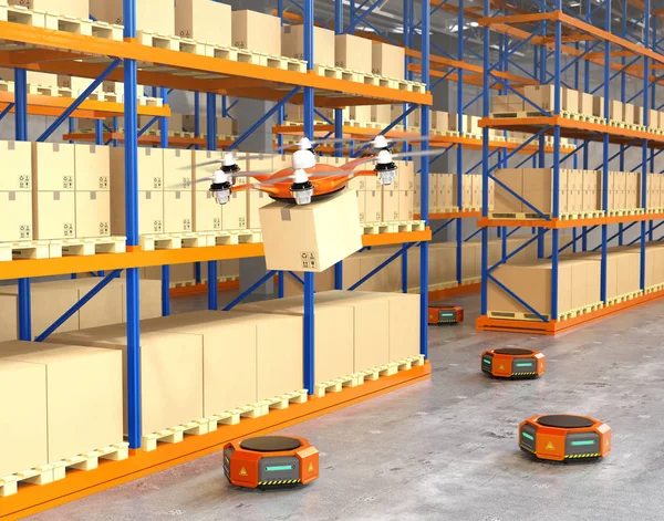 Drönare och orange robotar i moderna lager — Stockfoto