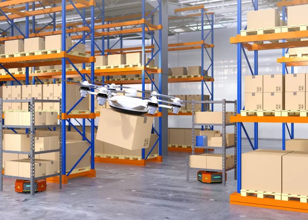 无人机和橙色的机器人在现代仓库 — 图库照片