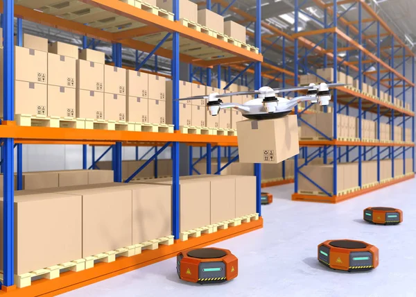 Drohne und orangefarbene Roboter in moderner Lagerhalle — Stockfoto