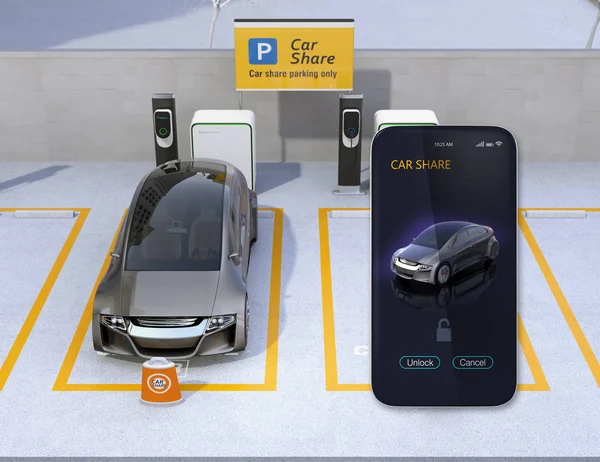 Auto delen parkeerplaats en smartphone app voor het delen van — Stockfoto